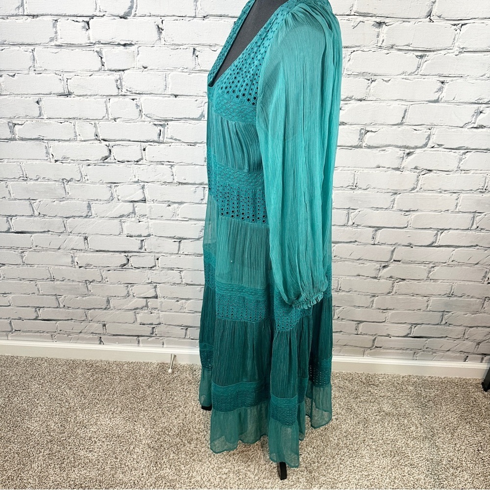 Sundance Adore Moi Long Sleeve Midi Dress Medium Pacific Teal Tiered Sheer Boho - Picture 3 of 12